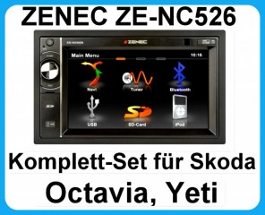 Komplett-Set Skoda Octavia 2 Yeti Zenec ZE-NC526 2-DIN Bluetooth Navigation USB 