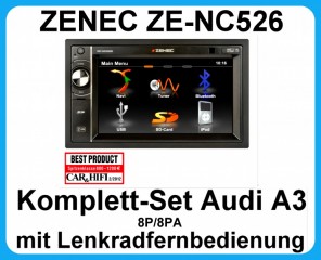 Komplett-Set Audi A3 8P/8PA ZENEC ZE-NC526 Moniceiver Bluetooth USB AUX SD