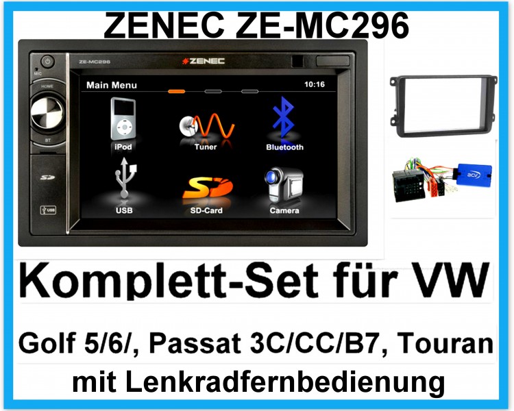 Komplett-Set VW Golf 5, 6 Passat 3C, CC, B7 Touran ZENEC ZE-MC296 Bluetooth USB