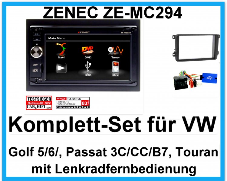 Komplett-Set VW Golf 5 6 Passat 3C CC B7 Touran ZENEC ZE-MC294 Bluetooth USB DVD
